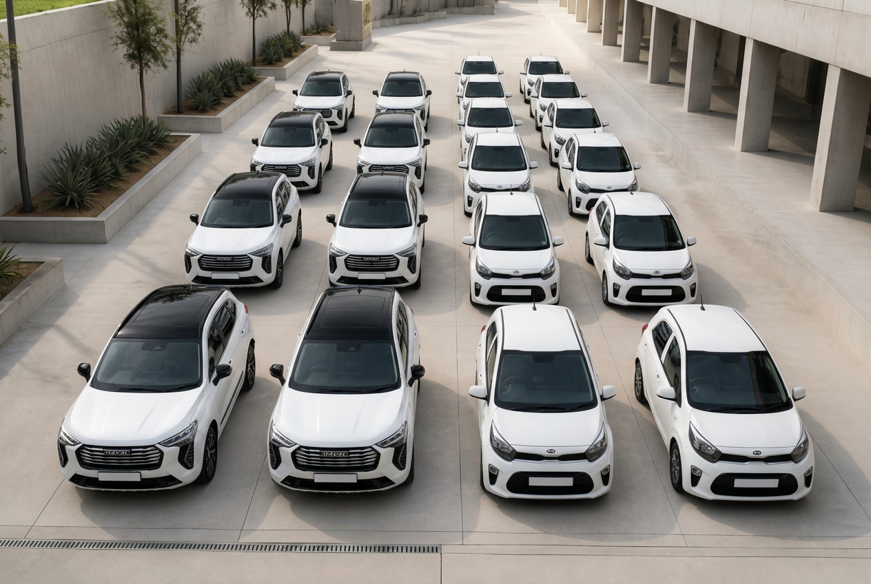 Modern fleet vehicles parked in orderly rows at an operations facility