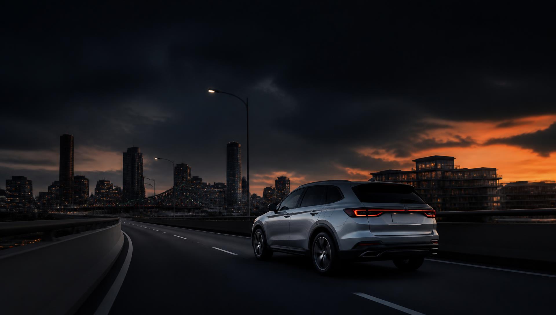 A modern vehicle on an elevated highway at dusk with the Brisbane skyline behind it