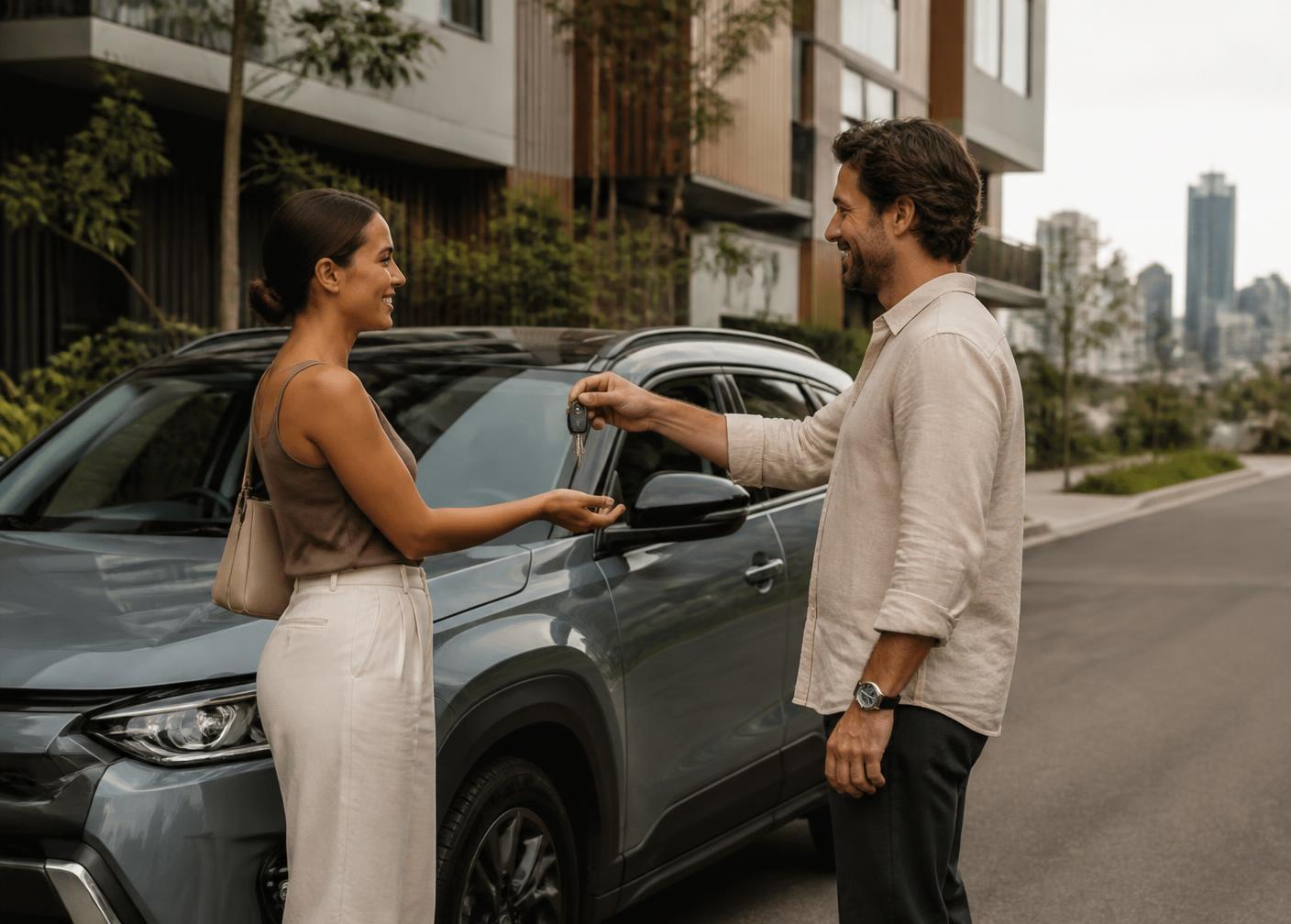 Vehicle keys being handed to a customer beside a modern SUV